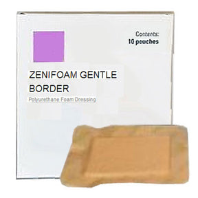 ZeniFoam Gentle Border polyurethane foam dressing with packaging, 10 pouches