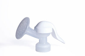 Manual breast pump with silicone flange and handle on white background