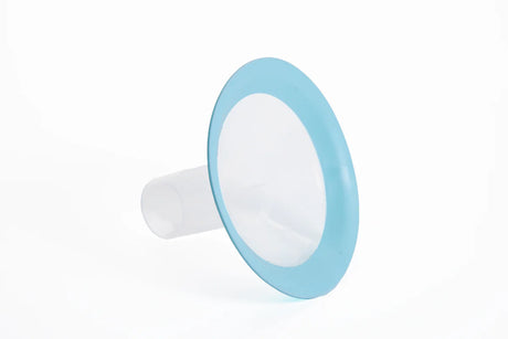 Clear plastic medical funnel with blue rim for home healthcare supplies