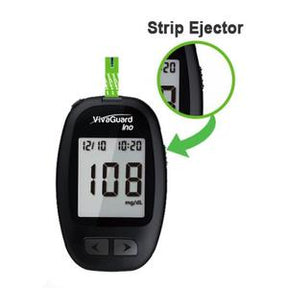 Blood glucose meter with test strip inserted and strip ejector feature highlighted