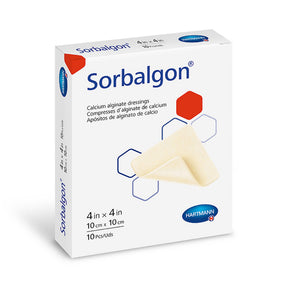 Box of Sorbalgon calcium alginate wound dressings, 4x4 inch, 10 count