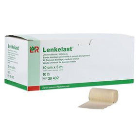 Elastic medical bandage roll next to a white Lenkelast box, wound care supply