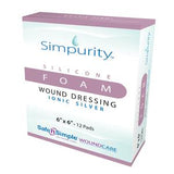 Simpurity silicone foam wound dressing box, 6x6 inches, ionic silver, 12 pads medical supply