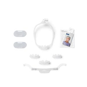 Nasal CPAP mask kit with headgear, cushion inserts, and instruction manual for sleep apnea