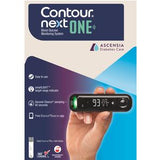 Hand holding Contour Next ONE blood glucose monitoring device with digital screen display.