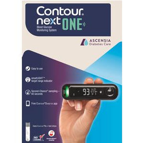 Hand holding Contour Next ONE blood glucose monitoring device with digital screen display.