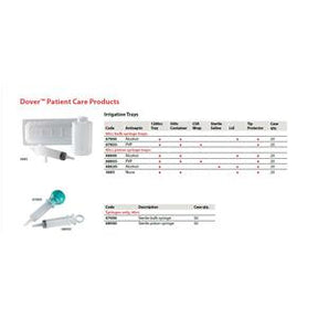 Dover irrigation tray kit and syringe, medical supplies for patient care, product chart shown
