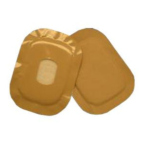 Two sealed rectangular medical adhesive patches on a white background.