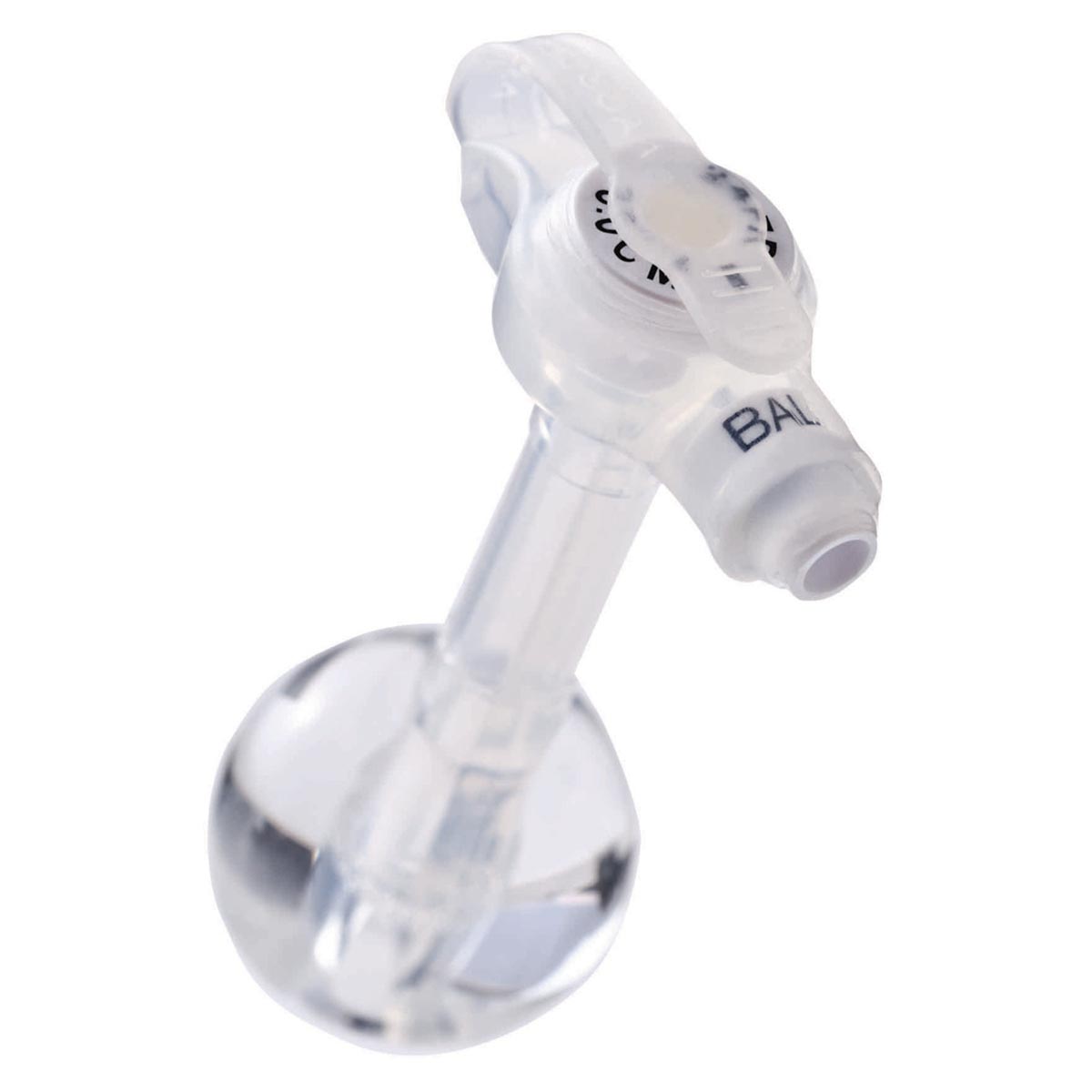 Close-up of a clear medical feeding tube with balloon tip for home care supplies
