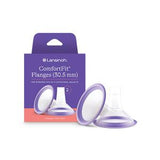 Lansinoh ComfortFit breast pump flanges 30.5mm with purple rim, box and two flanges displayed