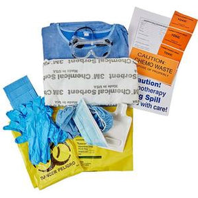 Medical supply kit with protective gown, gloves, face mask, goggles, chemo waste labels, and spill bag