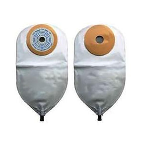 Two ostomy bags with adhesive barriers for medical stoma care, side by side on white background.