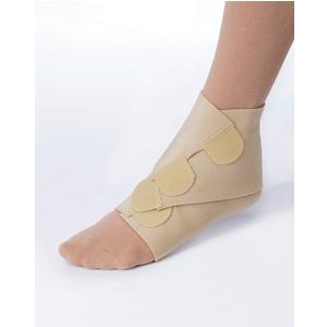 Adjustable beige ankle support brace with Velcro straps on foot for chronic pain relief
