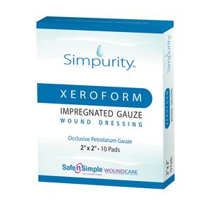 Simpurity Xeroform impregnated gauze wound dressing box, 2x2 inch, 10 pads, medical supply