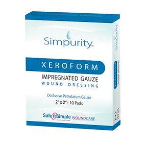 Simpurity Xeroform impregnated gauze wound dressing box, 2x2 inch, 10 pads, medical supply