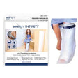 Pediatric cast and bandage protector for medium leg, water-resistant cover shown in use
