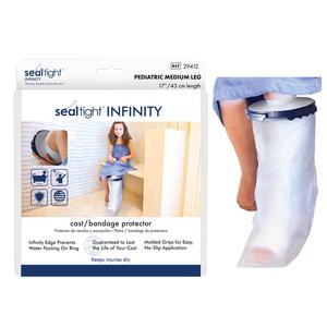 Pediatric cast and bandage protector for medium leg, water-resistant cover shown in use