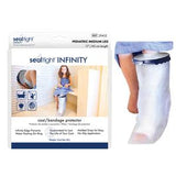 Pediatric cast and bandage protector for medium leg, water-resistant cover shown in use