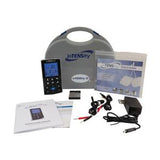 TENS unit kit with electrodes, digital device, carrying case, cables, and power adapter