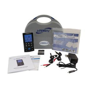 TENS unit kit with electrodes, digital device, carrying case, cables, and power adapter