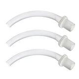 Three curved white medical extension tubes for home healthcare supplies