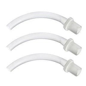 Three curved white medical extension tubes for home healthcare supplies