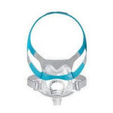 Full face CPAP mask with blue and gray headgear for sleep apnea therapy