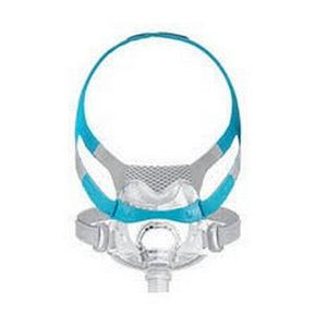 Full face CPAP mask with blue and gray headgear for sleep apnea therapy