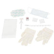 Disposable medical supplies kit with gloves, face mask, tape, swabs, and applicator on white background.