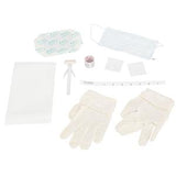 Disposable medical supplies kit with gloves, face mask, tape, swabs, and applicator on white background.