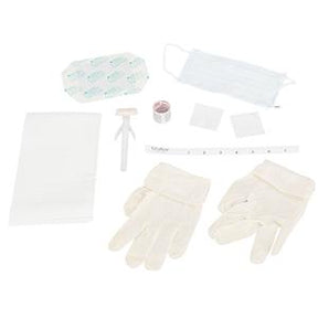 Disposable medical supplies kit with gloves, face mask, tape, swabs, and applicator on white background.