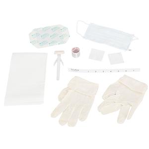 Disposable medical supplies kit with gloves, face mask, tape, swabs, and applicator on white background.