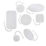 Assorted electrode pads for TENS unit, various shapes and sizes on white background