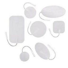 Assorted electrode pads for TENS unit, various shapes and sizes on white background