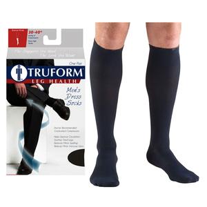 Men’s knee-high black compression socks with packaging, suitable for leg circulation support.