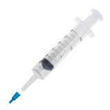 Disposable medical syringe with clear measurement markings and blue needle cap