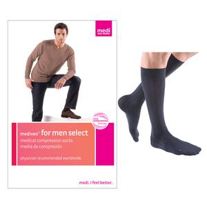 Men's black knee-high medical compression socks packaging and product display