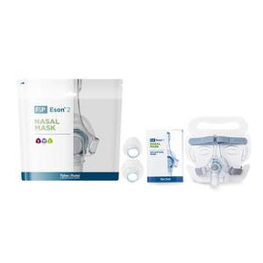 CPAP nasal mask kit with headgear, cushions, and packaging for sleep apnea therapy