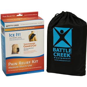 Pain relief kit with box and black storage bag, multi-use hot and cold therapy supplies.