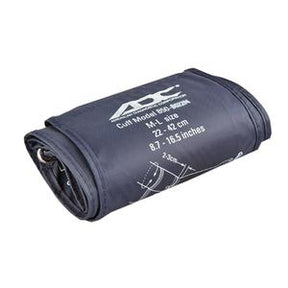 Rolled-up black adult blood pressure cuff with printed measurement details