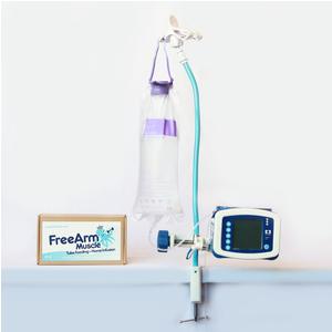 Feeding pump setup with IV bag, medical tubing, and FreeArm Muscle stand on a tabletop