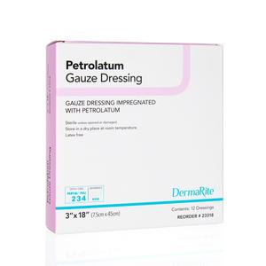 Petrolatum gauze dressing box, sterile medical wound care supply, DermaRite, size 3x18 inches