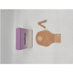 Ostomy pouch kit with beige drainable bag and adhesive strips beside product box