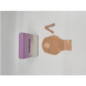 Ostomy pouch kit with beige drainable bag and adhesive strips beside product box