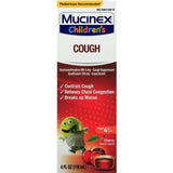 Mucinex Children's Cough cherry liquid box, 4 oz, for cough and chest congestion relief.