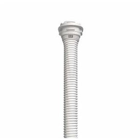 White medical supply tube with a ribbed flexible design on a plain background