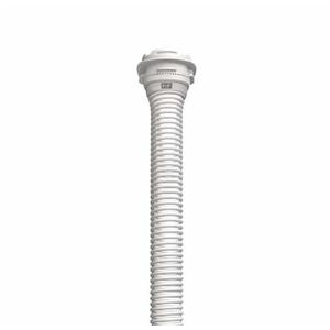 White medical supply tube with a ribbed flexible design on a plain background
