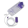 Enteral feeding bag with purple cap and attached tubing for medical nutrition delivery