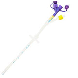 Medical feeding tube with purple and yellow connectors on white background
