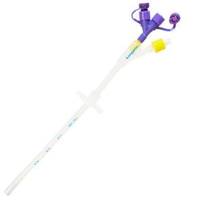 Medical feeding tube with purple and yellow connectors on white background